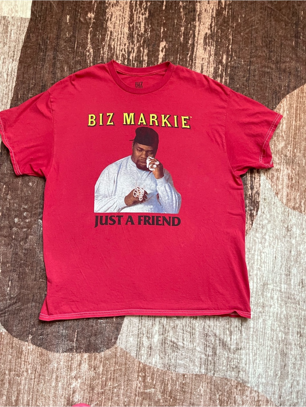 Red Biz Markie cotton t-shirt with graphic 'BIZ MARKIE' and 'JUST A FRIEND'